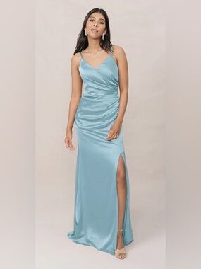 Revelry “Rory Satin Dress” with Side Ruched Detail - Light Blue, size 4